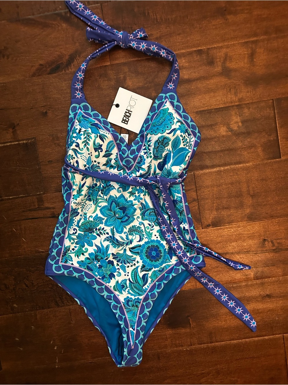 Beach Riot Blue & Aqua Floral Womens One-Piece Swimsuit floral tie removable cup